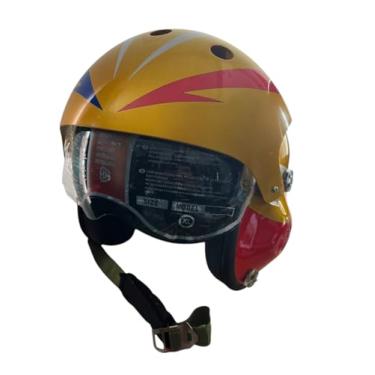 Imagem de Capacete de Motocicleta Estilo Militar, Design Retrô, Amarelo e Vermelho, Tamanho M/G, com Viseira Anti-Riscos