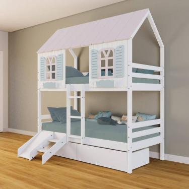 Imagem de Beliche Casinha Bela com 2 Gavetas Kit Escada/Escorregador - Madeira Maciça Branco/Rosa/Verde | Housin