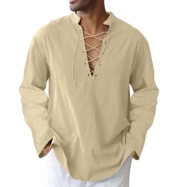 Imagem de Camisa CTU masculina de algodão, linho, folgada, cáqui medieval, 3GG