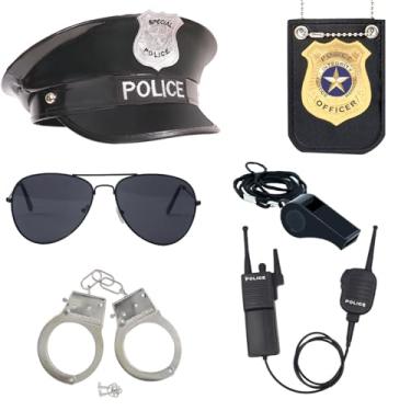 Imagem de QPCOS Kit de encenação de policial chapéu algemas óculos de sol, acessórios de fantasia de policial para festa de Halloween (chapéu de poliuretano, médio)