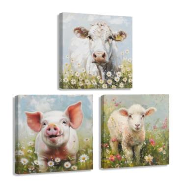 Imagem de ZXHYWYM Flower Farm Animal Wall Art 3 peças decoração de parede animais em flores silvestres imagens bonito cordeiro porco vaca pintura em tela impressão em tela quarto infantil decoração de casa