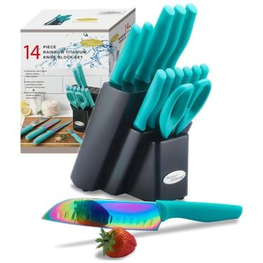 Imagem de Conjunto de Facas em Titânio com Bloco de Bancada, 14 Peças, MARCO ALMOND KYA27, Azul