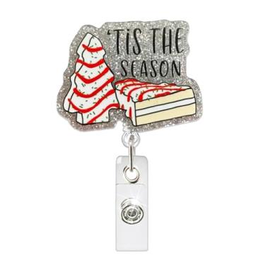 Imagem de DJAIOD Porta-crachá de Natal Tis The Season, clipe retrátil, engraçado, árvore de Natal, salgadinhos, bolos, carretel de crachá, glitter, inverno, fofo, crachá, etiqueta de nome de Natal, clipe de