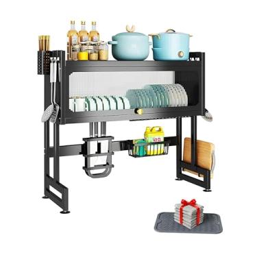 Imagem de BittPicc Escorredor de louça de 2 camadas sobre a pia com tampa - Organizador de cozinha montado na parede com economia de espaço para pratos, copos e talheres | À prova de ferrugem e fácil de limpar