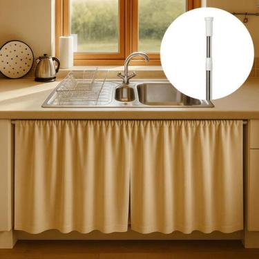 Imagem de Kit Cortina Pia Cozinha Impermeável Blackout + Varão extensível Pressã