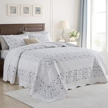 Imagem de SOElinens Colchas Queen 102 x 120 – Conjunto de colcha queen grande, edredom fino e leve, estampa floral, reversível, 3 peças, 100% algodão, azul/branco