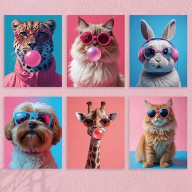 Imagem de 6 peças de estampas de arte de parede de animais vintage gato cachorro leopardo girafa coelho decoração de parede pôster colorido pintura moderna para banheiro, quarto, apartamento, sala de estar