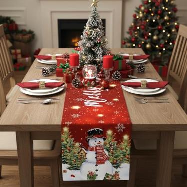 Imagem de Caminho de mesa vermelho com design de boneco de neve, 187 x 35 cm, decoração festiva de jantar para festa em casa