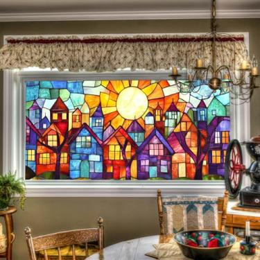 Imagem de HOMETITUTE Película para janela de vitral, design colorido de vilarejo e sol, adesivos decorativos de janela de privacidade para casa, sala de estar, quarto, 100 x 44 cm