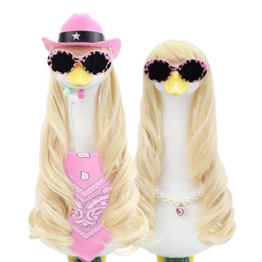 Imagem de ZYIDBNG Perucas de ganso de varanda estilo caubói 2 estilos com perucas de ganso longo loiro chapéu de vaqueira rosa para decoração ao ar livre