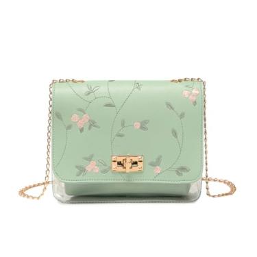 Imagem de Bolsa de ombro feminina transparente 2 em 1 bolsa transversal transparente com estampa floral e alças ajustáveis, Verde