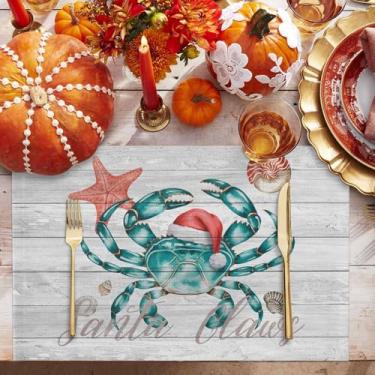 Imagem de Jogo americano verde-azulado caranguejo costeiro natal para mesa de jantar, chapéu vermelho, estrela-do-mar, inverno, férias, casa, festa, cozinha, mesa, decoração, conjunto com 2
