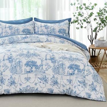 Imagem de Xruibed Conjunto de edredom azul tamanho casal 7 peças, cama botânica Toile de Jouy em uma bolsa, conjunto de edredom boêmio com lençol, fronhas, fronhas de microfibra macia para todas as estações 222