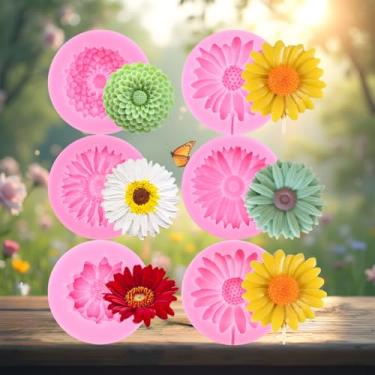Imagem de Molde de silicone de flor de crisântemo 3D moldes de fondant de flores para decoração de bolos topo de cupcake chocolate doce argila polímero conjunto de 6