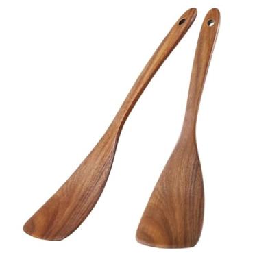 Imagem de Conjunto de espátula de madeira para frigideiras antiaderentes, utensílios de 2 peças para virar, mexer e cozinhar, utensílios de cozinha para panquecas, ovos e mais, 30,5 cm, marrom