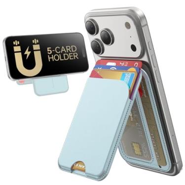 Imagem de TWZKG Carteira MagSafe, 5 porta-cartões com suporte, suporte magnético para iPhone 17/16/15/14/13/12 Pro Max Air Plus, couro vegano com bloqueio de RFID, azul ciano