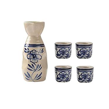 Imagem de GAORUIFENG Conjunto de saquê japonês conjunto de 5 peças de copo de saquê tradicional pintado à mão com design de flores para frio/quente/shochu/chá, melhor presente para família e amigos