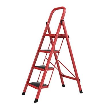Imagem de Escadas dobráveis Escadas de 4 degraus Banqueta dobrável com pega e pedal largo Escadas de metal resistente com capacidade de 150 kg Escadas de corrimão para escada resistente em casa (cor: Vermelho