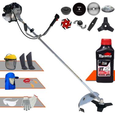 Imagem de Roçadeira Toyama TBC43H 1,7HP 43cc + Facas 2 Pontas, 3 Pontas, 6 Pontas, 40 Dentes Vídea, 80 Dentes, Trimmer, Carretel e Escova + EPI + ÓLEO TOYAMA 2T
