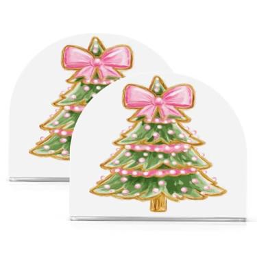 Imagem de ATTX Pacote com 2 porta-guardanapos de Natal de acrílico com design de arco rosa de árvore de Natal - Organizador de mesa decorativo para cozinha, restaurante, decoração de férias de casa #801