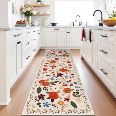 Imagem de U'Artlines Tapete de corredor floral colorido de 6 cm x 20 cm para corredores de cozinha, macio, antiderrapante, lavável, tapete para entrada, lavanderia, banheiro, bege
