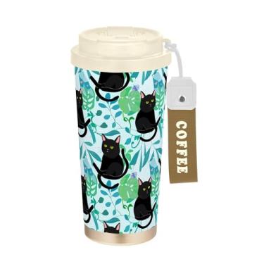 Imagem de SEHANY Caneca de viagem de gato gatinho fofo de 482 g xícaras de café reutilizáveis revestidas de cerâmica com tampa à prova de vazamento, parede dupla, isolamento a vácuo, copo de café de aço