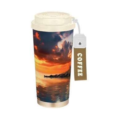 Imagem de SEHANY Caneca de viagem Sea Lighthouse Scenery 482 g Copos de café reutilizáveis revestidos de cerâmica com tampa à prova de vazamento, parede dupla, isolamento a vácuo, copo de café de aço inoxidável