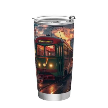 Imagem de Blueangle Copo de 590 ml com tampa e canudo, copo de café com água isolada a vácuo de aço inoxidável, caneca de viagem de bonde da cidade, copo térmico para bebidas quentes e frias (422)