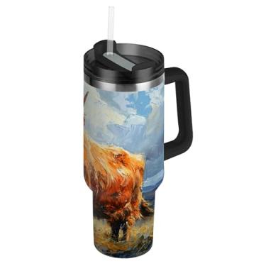 Imagem de SEHANY Copo Highland Cow de 850 g com tampa e canudo, aço inoxidável de vácuo duplo isolado garrafa de água esportiva suporte para copo de café de viagem à prova de vazamento para bebida gelada
