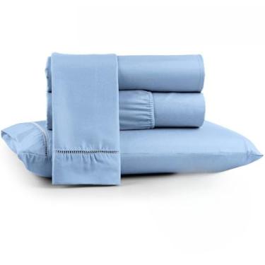 Imagem de Jogo Lençol Completo 3 Peças Cama Casal Queen Ponto Palito 200 fios Micropercal(AZUL CLARO,QUEEN)
