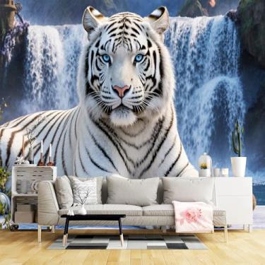 Imagem de Murais de parede de tamanho personalizado, majestoso tigre branco listras pretas cachoeira tecido de parede autoadesivo (sem PVC) papel de parede grande removível para sala de estar, quarto