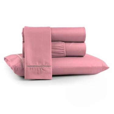 Imagem de Jogo Lençol Completo 3 Peças Cama Casal Queen Ponto Palito 200 fios Micropercal(ROSÊ,CASAL)