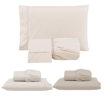 Imagem de Kit 3 Jogos de Lençol com Elástico e Fronhas Bordadas em Ponto Palito, 1 Casal Queen e 2 Solteiros, Micropercal 300 Fios, 100% Poliéster (CQS Versat (Palha/Cáqui/Cáqui))