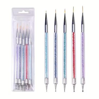 Imagem de Conjunto de 5 pincéis de arte de unhas de ponta dupla com delineador, detalhes e canetas pontilhadas, adequado para uso doméstico e salão de beleza