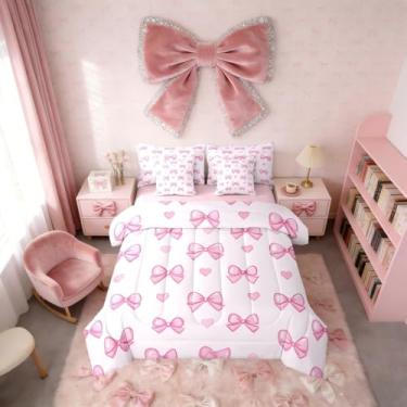Imagem de Erosebridal Conjunto de edredom com laço rosa para crianças, meninas, estampa de coração, cama em uma bolsa, tamanho solteiro, 7 peças, decoração de quarto de princesa com laço fofo
