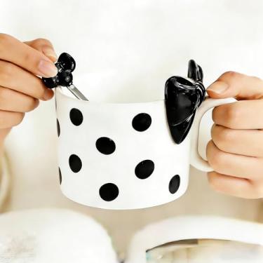 Imagem de Disoza Caneca de café com laço de cerâmica preta Coquete Porcelana 400 ml Caneca de chá com laço de café Caneca fofa para mulheres e meninas
