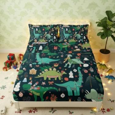 Imagem de QOOMO Jogo de lençol com estampa de dinossauros de Natal, decoração de quarto de crianças e adolescentes, 1 lençol com elástico, 1 lençol de cima, 2 fronhas