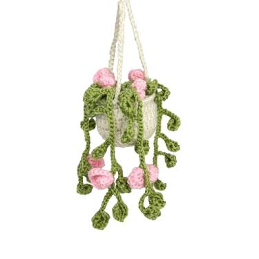 Imagem de Hshsclth Decoração suspensa de espelho retrovisor de carro de crochê feito à mão, design de planta acrílica de malha, acessórios decorativos de carro para mulheres com difusão de óleo essencial