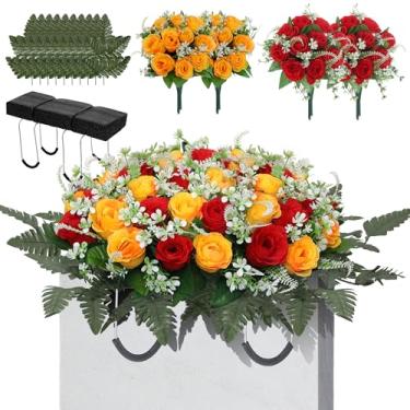 Imagem de Lodou Selas de flores artificiais de cemitério para túmulos – 10 peças de samambaia de seda e 40 flores rosas realistas com suporte de lápide de metal – Flores de memorial resistentes para decoração