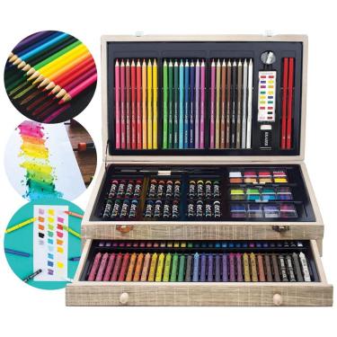 Imagem de Kit Lápis de Cor Profissional com Maleta de Madeira 142 peças Tintas Acrílicas, Aquarela, ART 101 USA 55142MB, Marrom Claro