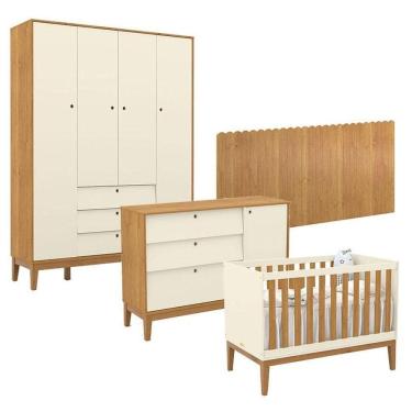 Imagem de Quarto De Bebê Unique 4 Portas Com Cômoda Sapateira E Painel Farm Off White Freijó Eco Wood - Matic