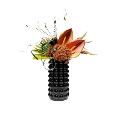 Imagem de CFGH6FDF Buquê de simulação de arranjo de flores artístico para festas, decoração de casa, moda artificial com vaso de vidro preto para jardim