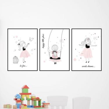 Imagem de Kit 3 Quadros Decorativos Menina, Balanço e Pássaro
