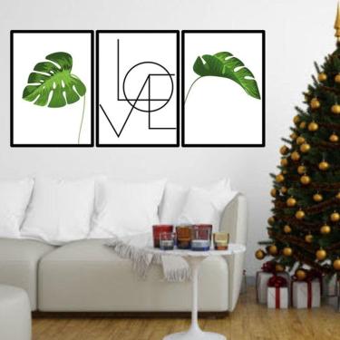 Imagem de Kit 3 Quadros Decorativos Love Folhas Tropicais Verdes