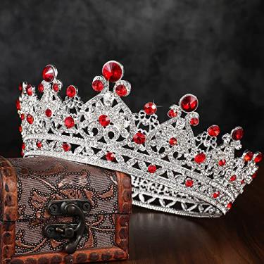 Imagem de Coroa de Rainha Rubi e Tiara para mulheres e meninas, fantasia de coroa de princesa barroca completa de strass para casamento, aniversário, festa de formatura, concurso de Halloween (prata e vermelho)