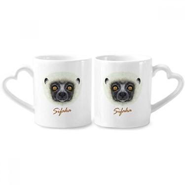 Imagem de Conjunto de canecas de porcelana de casal de macaco branco fofo Sifaka conjunto de canecas de cerâmica para amantes de coração