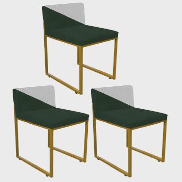Imagem de Kit 03 Cadeira Office Lee Duo Sala de Jantar Industrial Ferro Dourado Suede Verde e Branco - Ahazzo Móveis