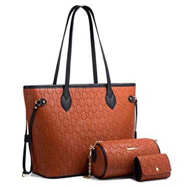 Imagem de Bolsa feminina de três peças bolsa de ombro carteira moda outono e inverno bolsa tendência simples bolsa diagonal de um ombro bolsa feminina de três peças de grande capacidade (Castanho)