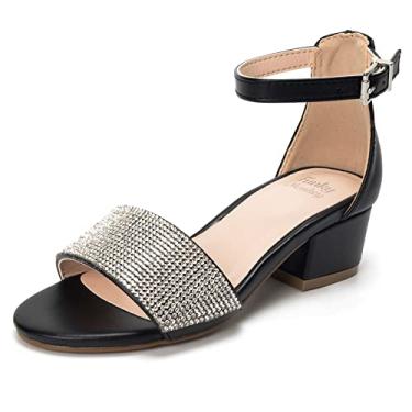 Imagem de FUNKYMONKEY Sandálias de salto baixo para meninas com tira no tornozelo e strass para crianças, Preto, 4 Big Kid