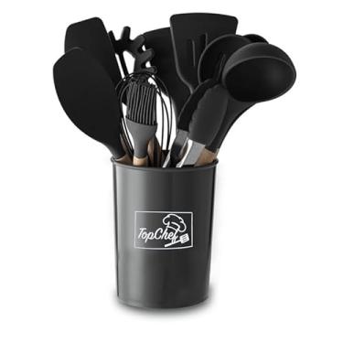 Imagem de Jogo Utensílios de Cozinha Silicone Cabo de Madeira 12 Peças (Preto)